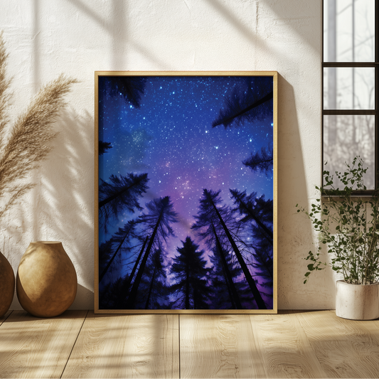 Celestial Starry Night Sky Poster, Trees Silhouette Astronomy Print, Nature Lover Home Decor, Galaxy Wall Art Gift, Dreamy Purple Blue Sky