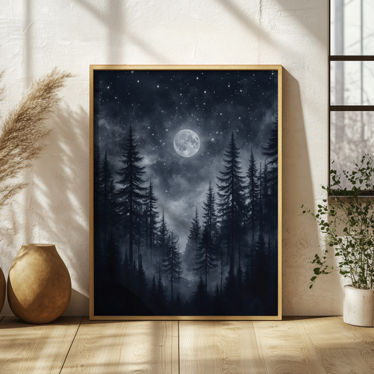 Moonlit Forest Nightscape Poster, Mystical Nature Full Moon Artwork, Serene Atmosphere Wall Art, Home Office Decor Gift Outdoor Enthusiasts