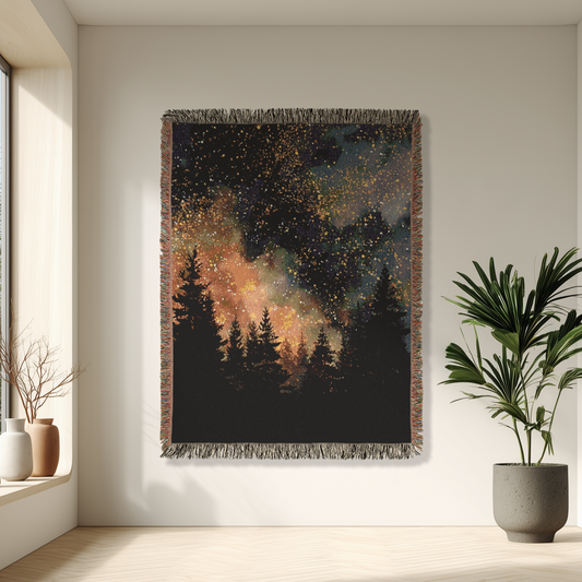 Cosmic Night Sky Woven Blanket, Starlit Forest Boho Home Decor Throw, Galaxy Space Bedroom Sofa Tapestry, Celestial Nighttime Star Gazing