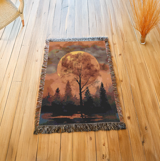 Autumn Forest Moon Woven Blanket, Full Moon Tree Silhouette Tapestry, Nature Lover Gift, Rustic Cabin Decoration, Fall Throws