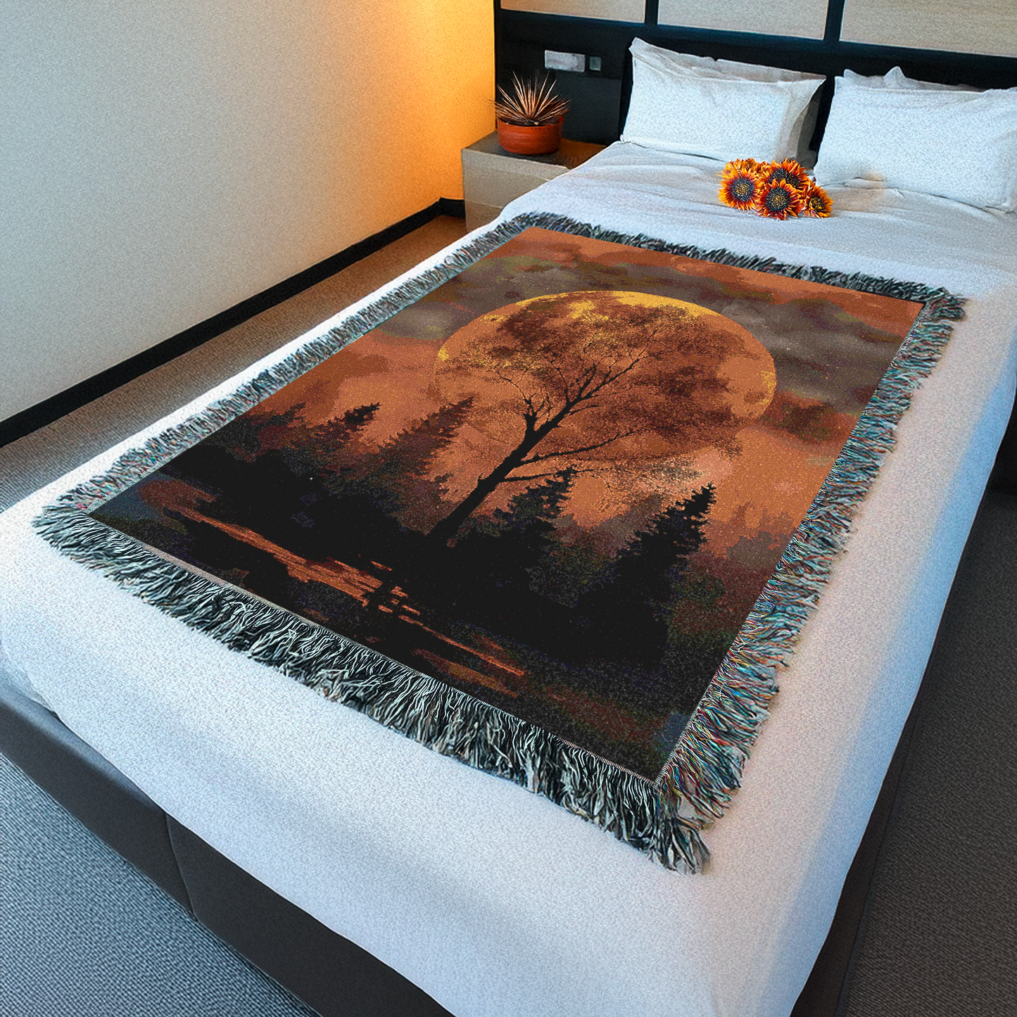 Autumn Forest Moon Woven Blanket, Full Moon Tree Silhouette Tapestry, Nature Lover Gift, Rustic Cabin Decoration, Fall Throws
