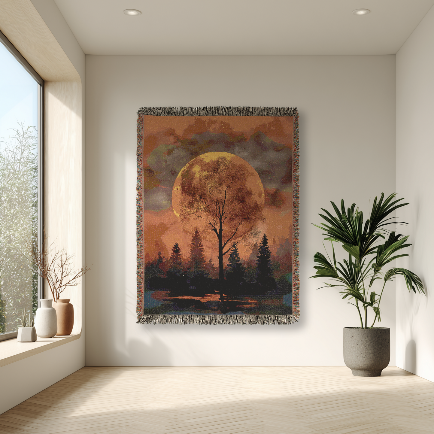 Autumn Forest Moon Woven Blanket, Full Moon Tree Silhouette Tapestry, Nature Lover Gift, Rustic Cabin Decoration, Fall Throws