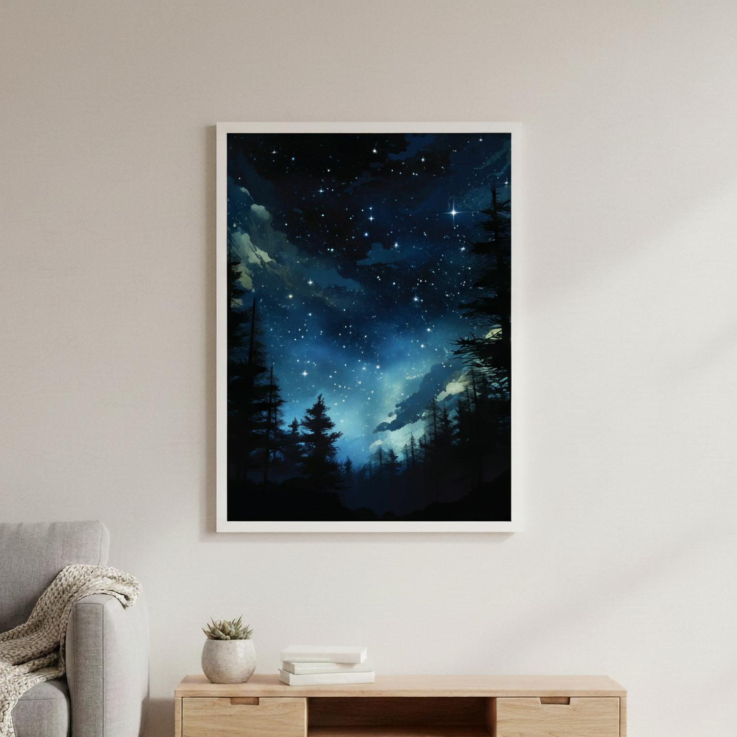 Night Sky Vertical Poster, Starry Forest Scene, Nature Lover Gift, Celestial Star Wall Art, Skyline Illustration Print, Astronomy Decor