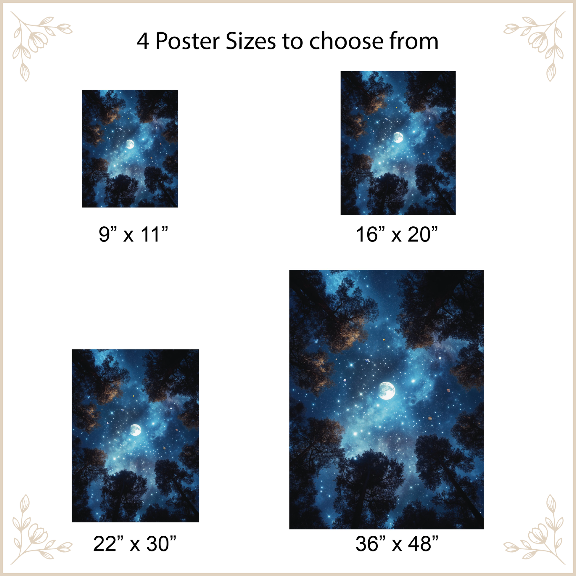 Poster size options with a cosmic background