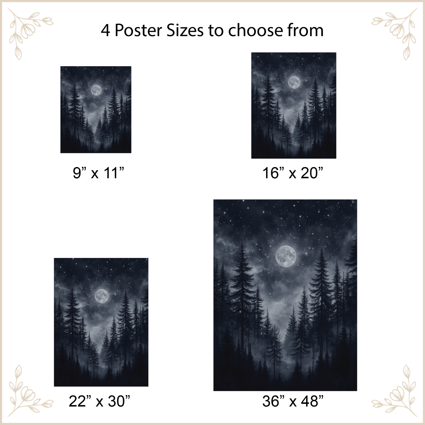 Poster sizes displayed with a forest and moon design.