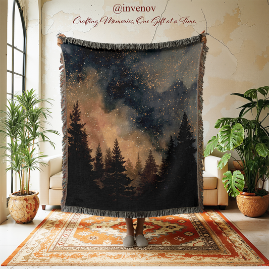 Starry Night Forest Woven Blanket, Milky Way Galaxy Throw, Celestial Pine Tree Tapestry, Camping Space Decor, Stargazer Gift, Cosmic Art