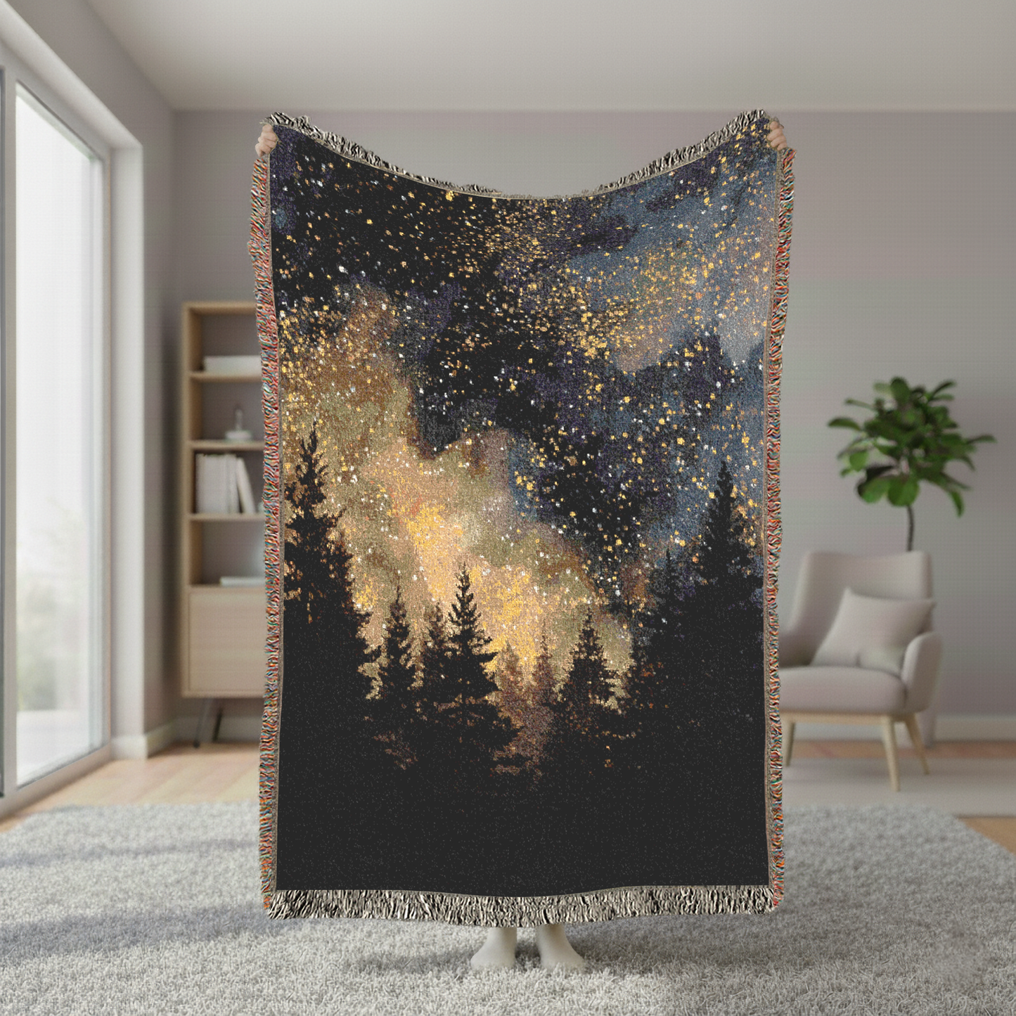 Starry Night Woven Blanket, Forest Galaxy Jacquard Tapestry, Celestial Wall Hanging, Cozy Cabin Throw, Woodland Pine Tree Art, Nature Lover