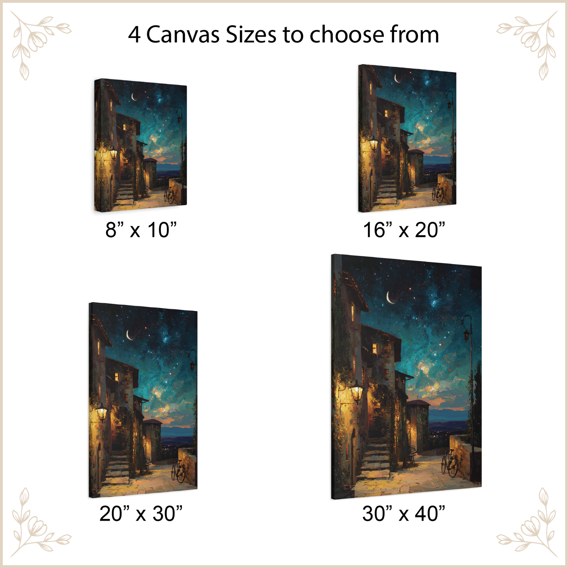 Canvas prints of a village scene with four different sizes displayed.