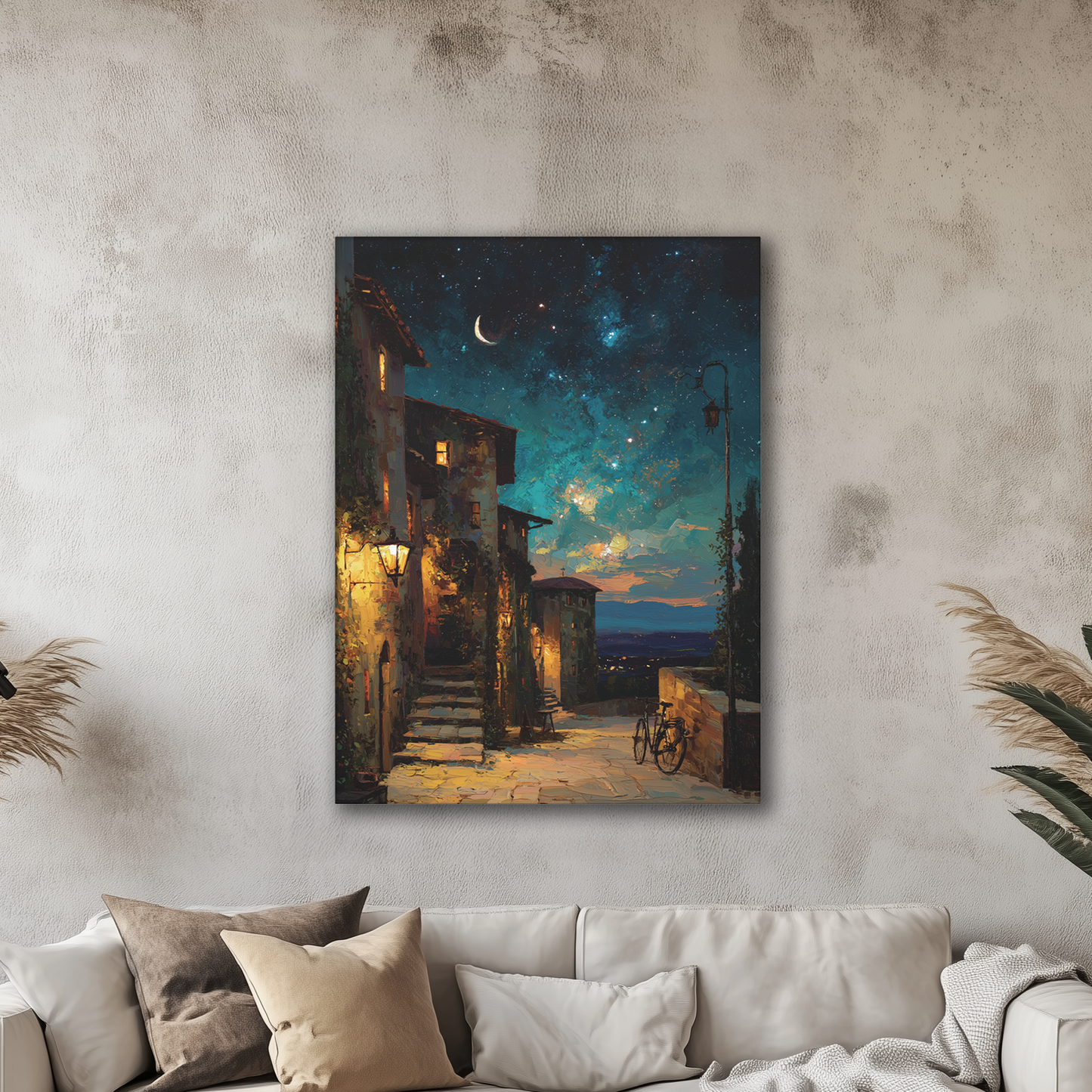 Enchanting European Village Night Sky Canvas Print Decor, Impressionistic Style Wall Art, Cozy Magical Living Room Bedroom Entryway Decor