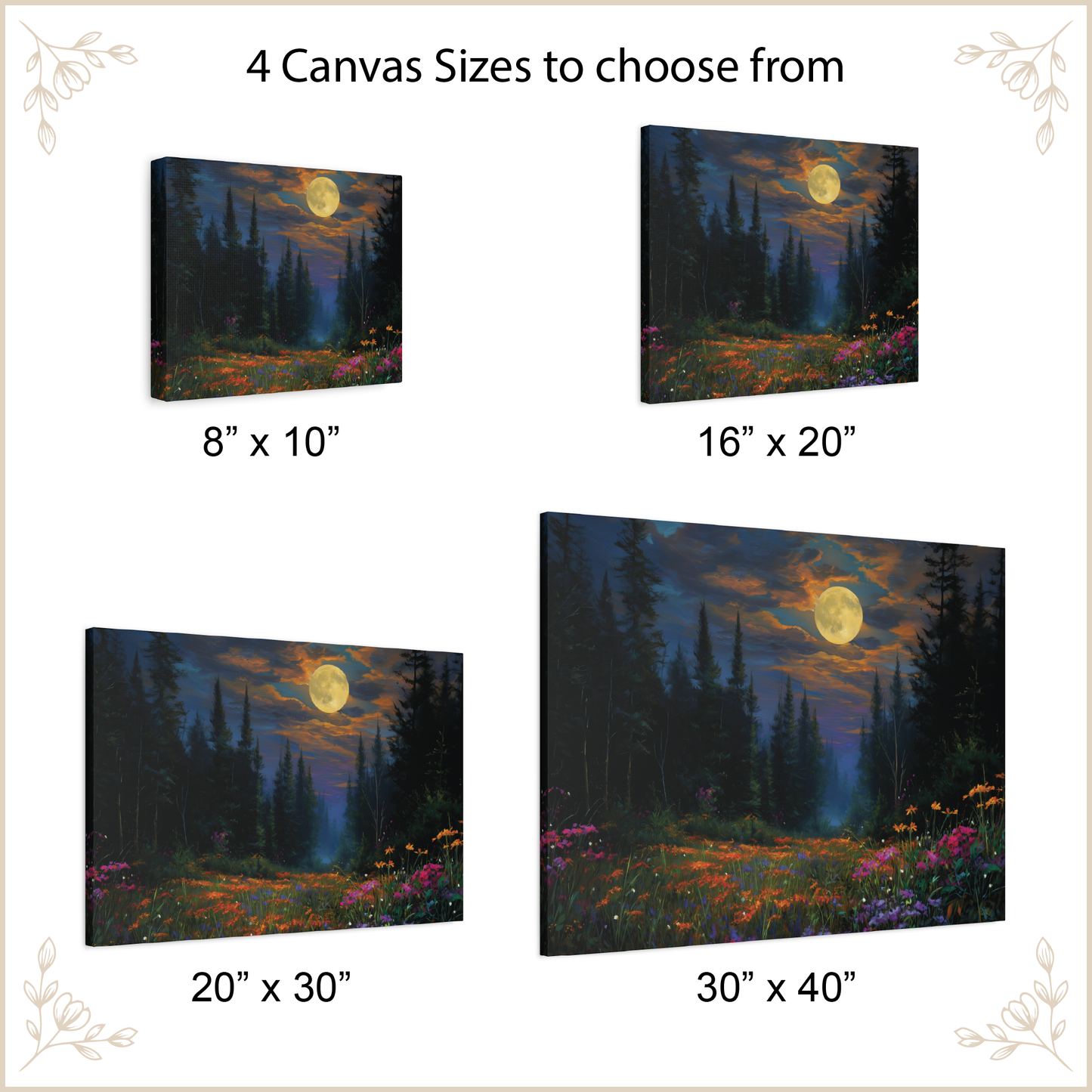 Canvas prints of a forest scene with a moonlit sky, shown in different sizes.