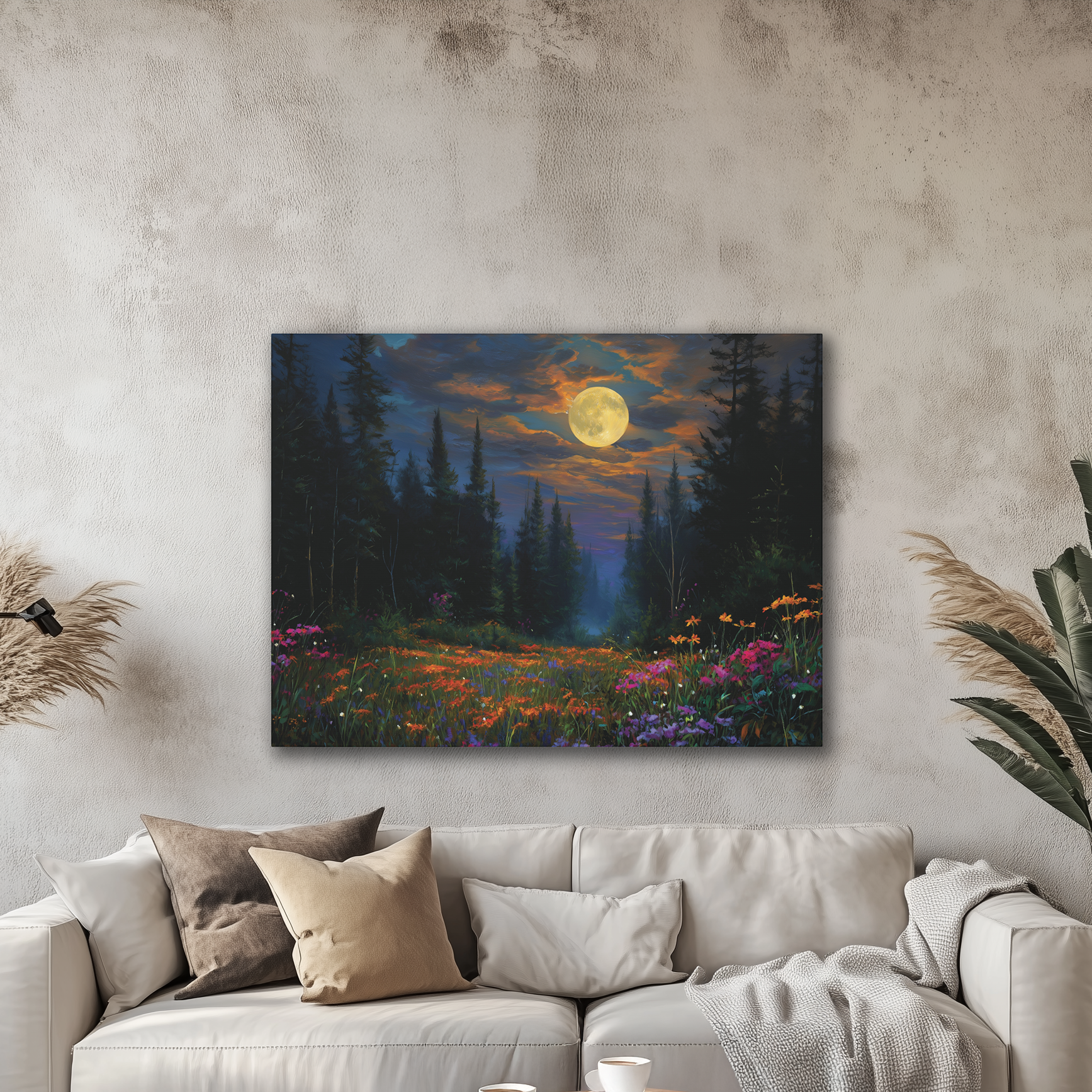 Living room with a painting of a forest scene on the wall above a sofa.