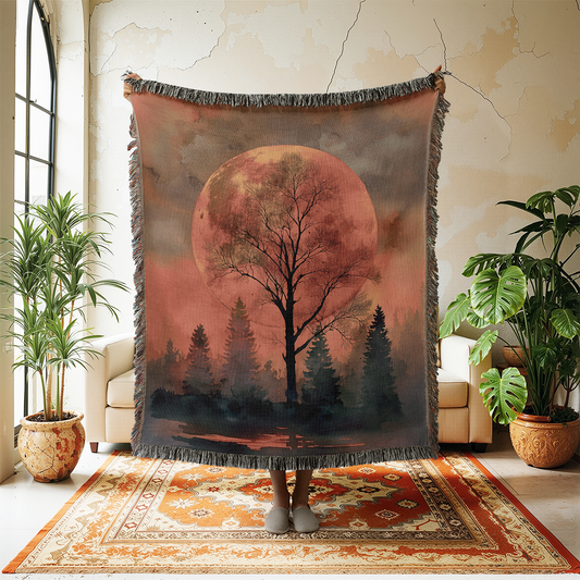 Blood Moon Forest Woven Blanket, Gothic Cottagecore Throw, Spooky Halloween Decor, Dark Academia Tapestry, Celestial Wall Art, Fall Gift