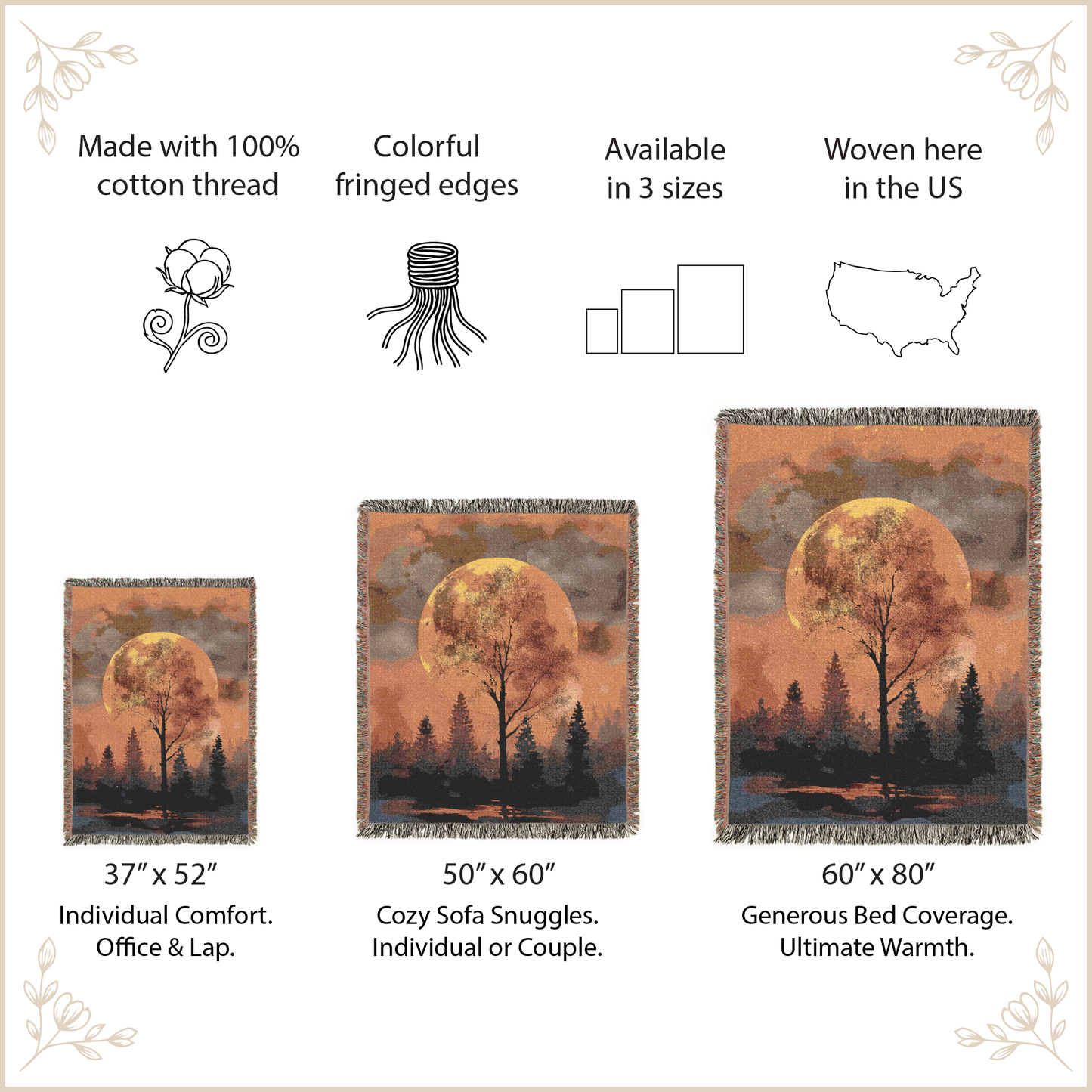tree-themed woven blankets with size specifications and product details on a beige background.