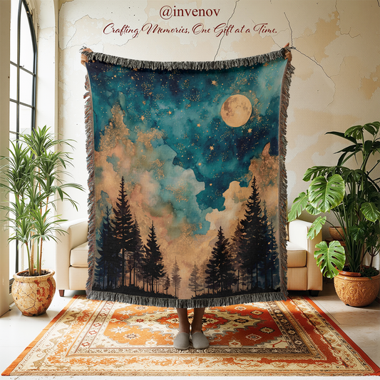 Starry Night Forest Woven Blanket, Celestial Moon Galaxy Throw, Artistic Style Jacquard Art, Pine Tree Nature Tapestry, Camping Lover Gift