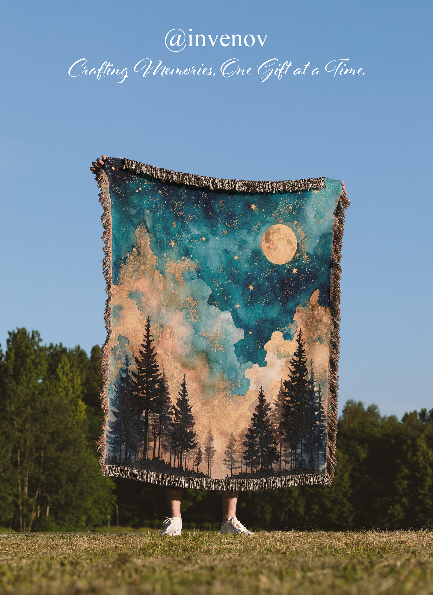 Starry Night Forest Woven Blanket, Celestial Moon Galaxy Throw, Artistic Style Jacquard Art, Pine Tree Nature Tapestry, Camping Lover Gift
