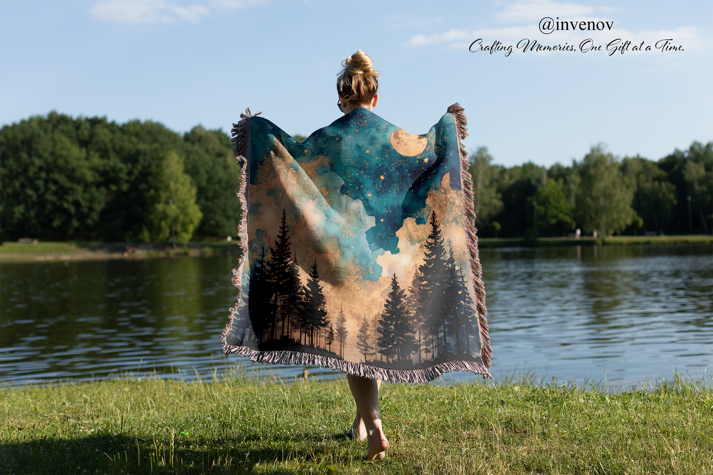 Starry Night Forest Woven Blanket, Celestial Moon Galaxy Throw, Artistic Style Jacquard Art, Pine Tree Nature Tapestry, Camping Lover Gift