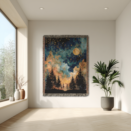 Decorative tapestry with a forest and moon design hanging on a wall in a bright room with plants.
