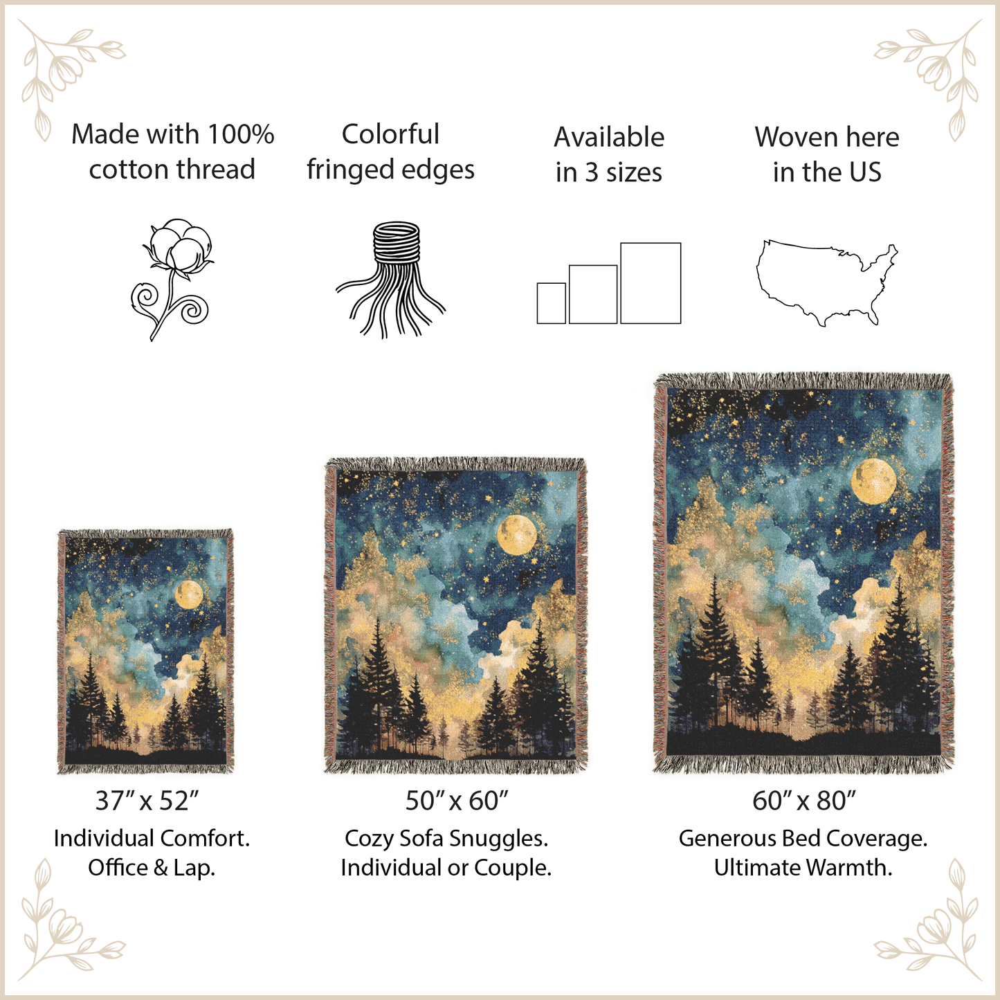 Three sizes of a nature-themed woven blanket with trees and moon, displayed with product details.