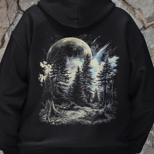 Moonlit Forest Hoodie, Celestial Night Sky Sweatshirt, Nature Lover Gift, Cozy Artistic Pullover, Stargazer and Space Hooded Jumper