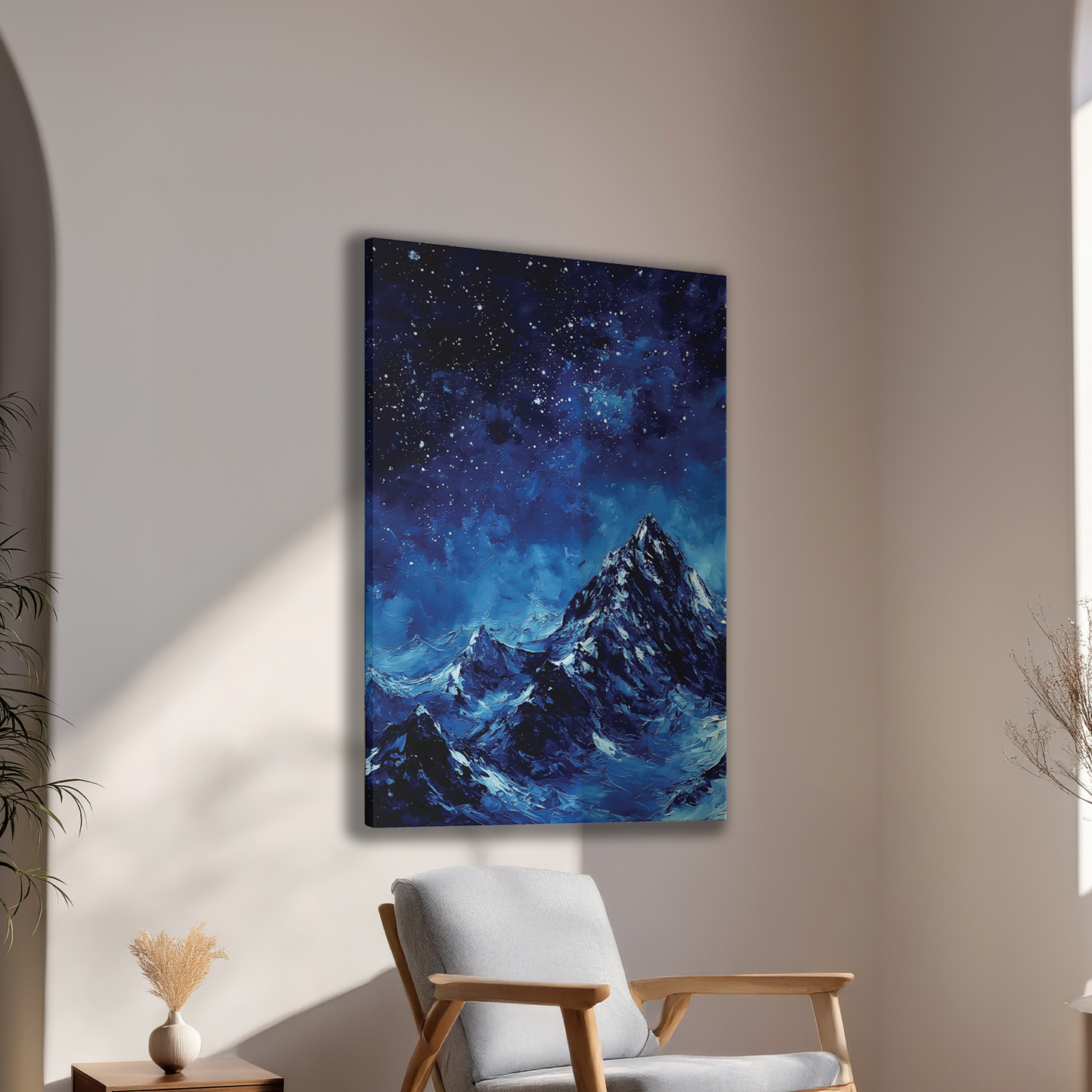 Starry Sky Night Mountain Canvas or Poster Print, Snowy Peak Landscape Painting Style Print Wall Art, Celestial Night Nature Home Decor
