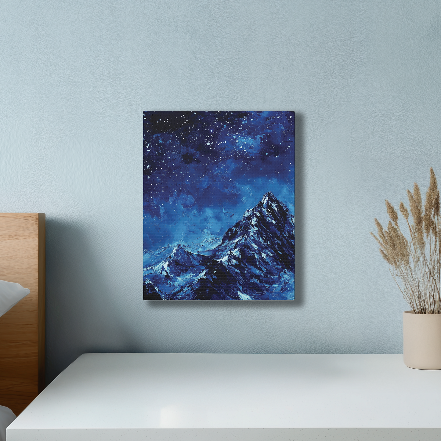 Starry Sky Night Mountain Canvas or Poster Print, Snowy Peak Landscape Painting Style Print Wall Art, Celestial Night Nature Home Decor