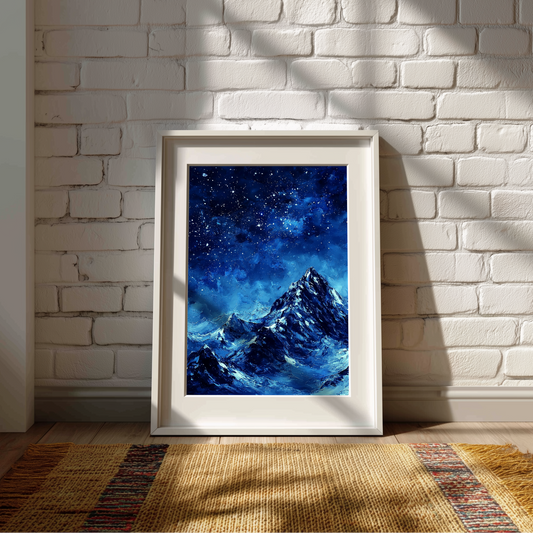 Starry Sky Night Mountain Canvas or Poster Print, Snowy Peak Landscape Painting Style Print Wall Art, Celestial Night Nature Home Decor