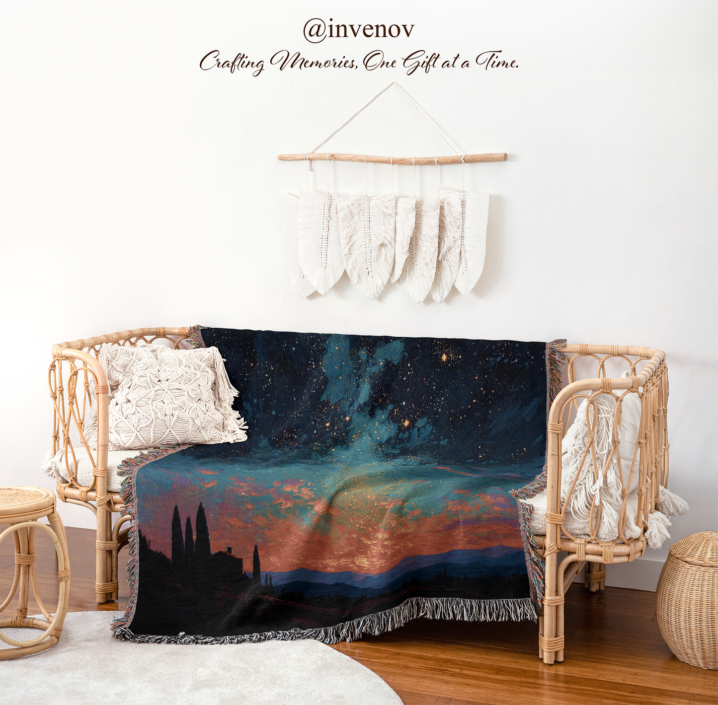 Decorative blanket with celestial design draped over a chair