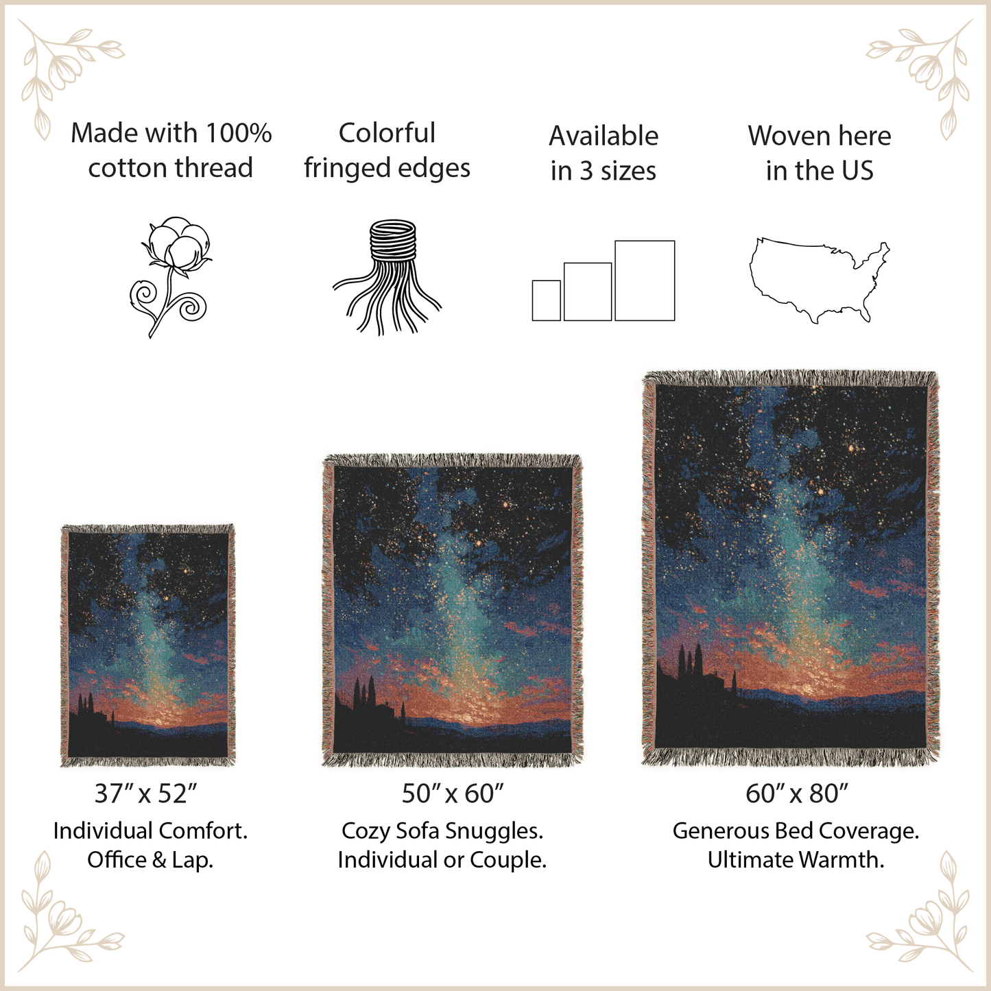 Product description of woven blankets with starry sky design, size options, and features.