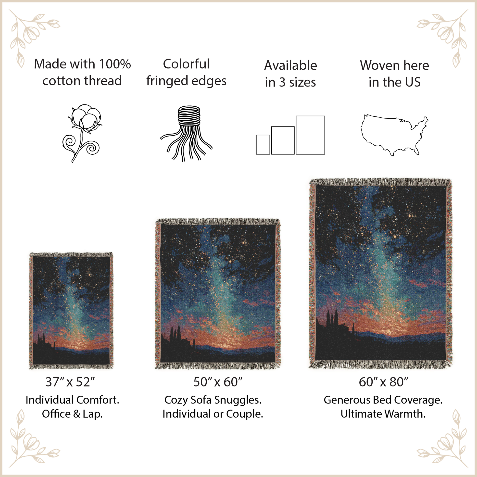 Product description of woven blankets with starry sky design, size options, and features.