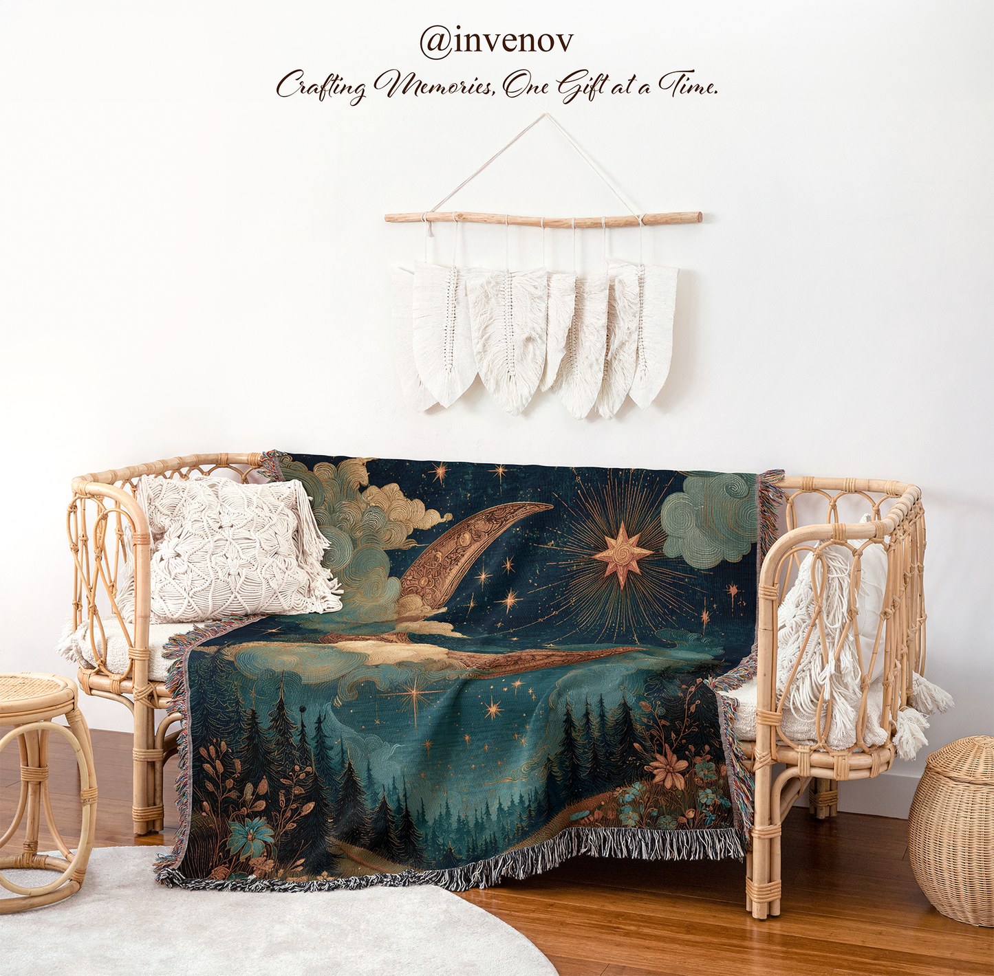 Decorative blanket with celestial design draped over a chair
