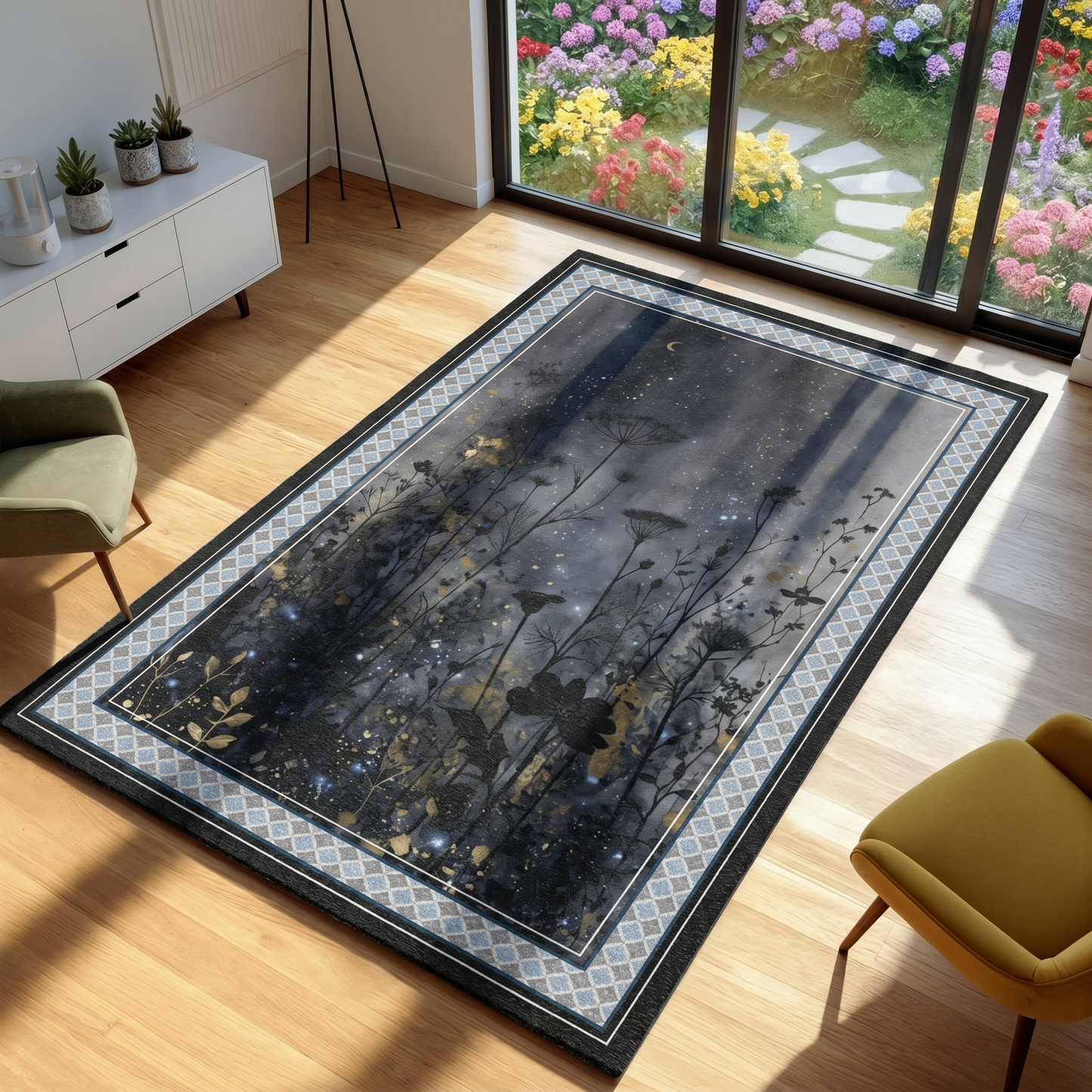 area rug with night flower graphic