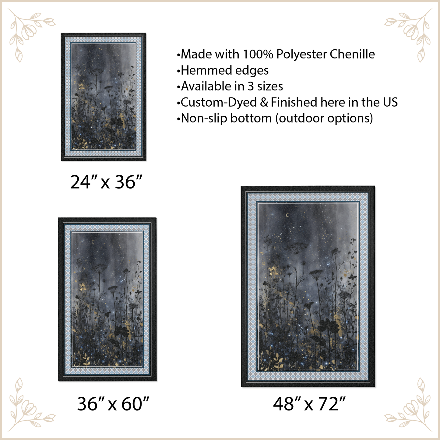 area rug with night flower graphic with size options and features