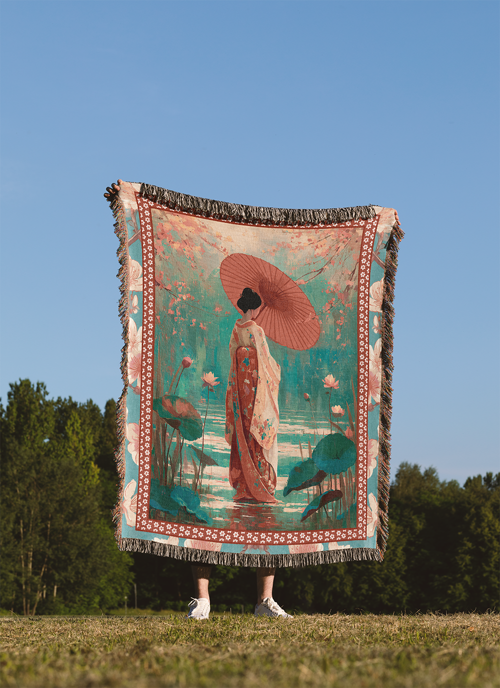 Japanese Woven Blanket, Geisha Art Tapestry, Asian Style Jacquard Wall Hanging, Art Nouveau Throw, Lotus Flowers Pond Sofa Bed Decor