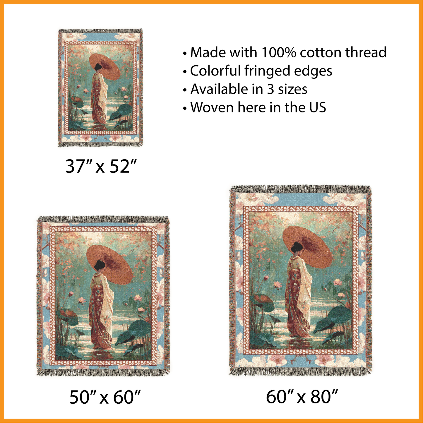 Japanese Woven Blanket, Geisha Art Tapestry, Asian Style Jacquard Wall Hanging, Art Nouveau Throw, Lotus Flowers Pond Sofa Bed Decor