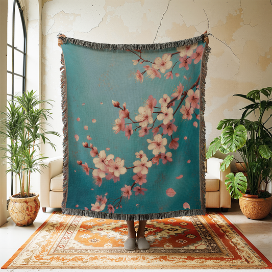 Floral tapestry hanging in a room with plants and furniture