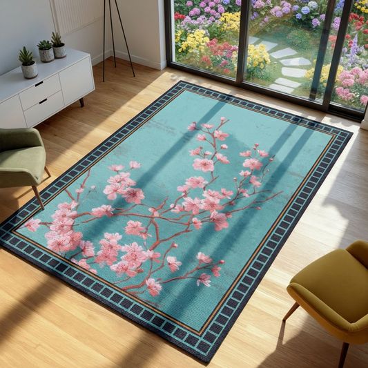Floral patterned rug on a wooden floor with a garden view outside.