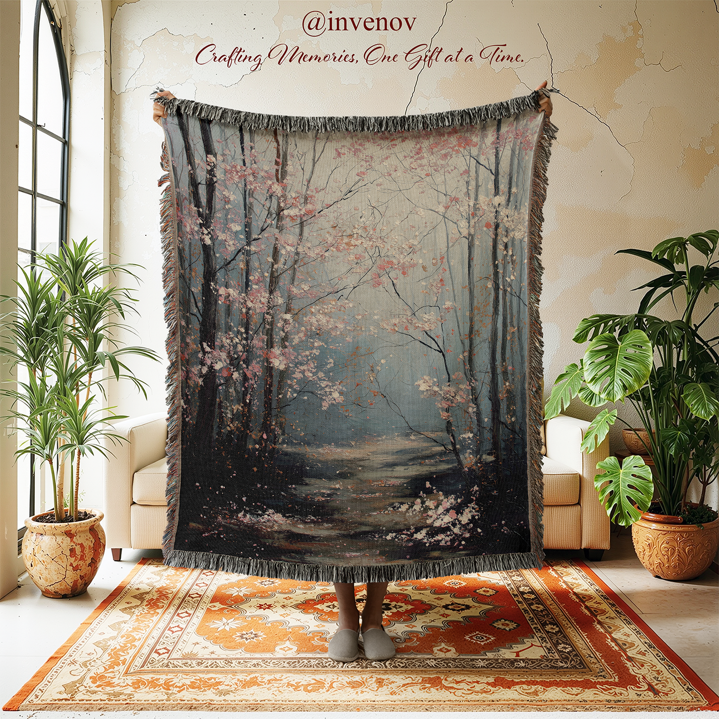 Decorative tapestry with nature design in a room with plants and furniture.