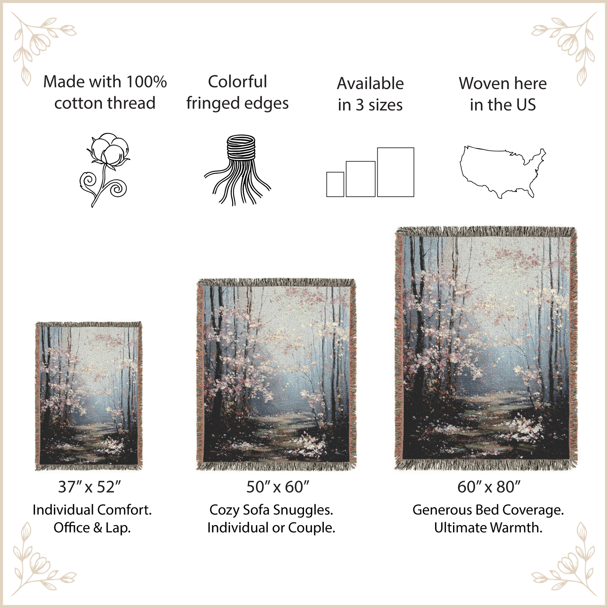 Woven blanket with forest design, size options, and features listed.
