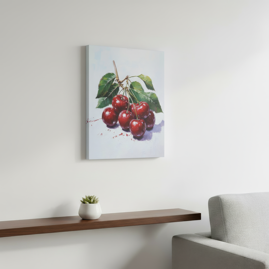Canvas print of cherries on a wall above a wooden shelf with a plant and a gray chair.