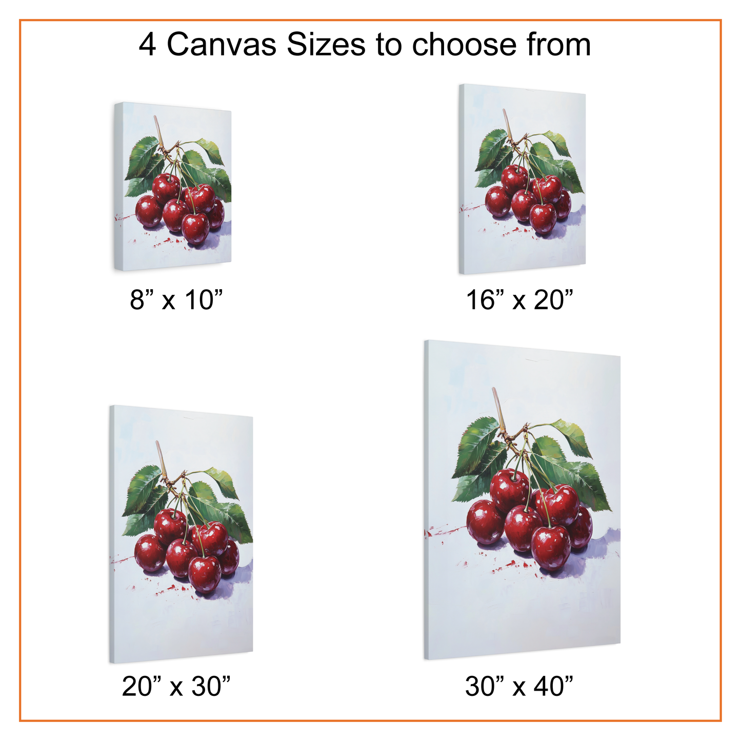 Canvas prints of cherries in various sizes on a white background