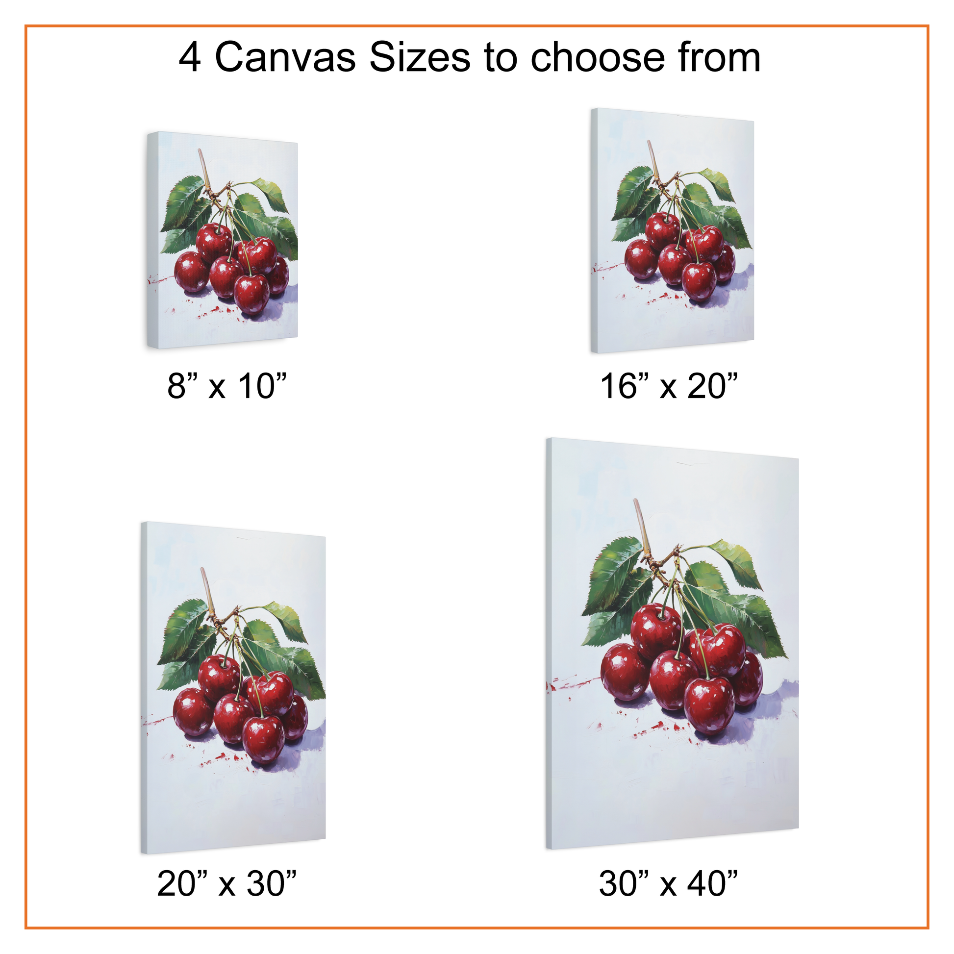 Canvas prints of cherries in various sizes on a white background