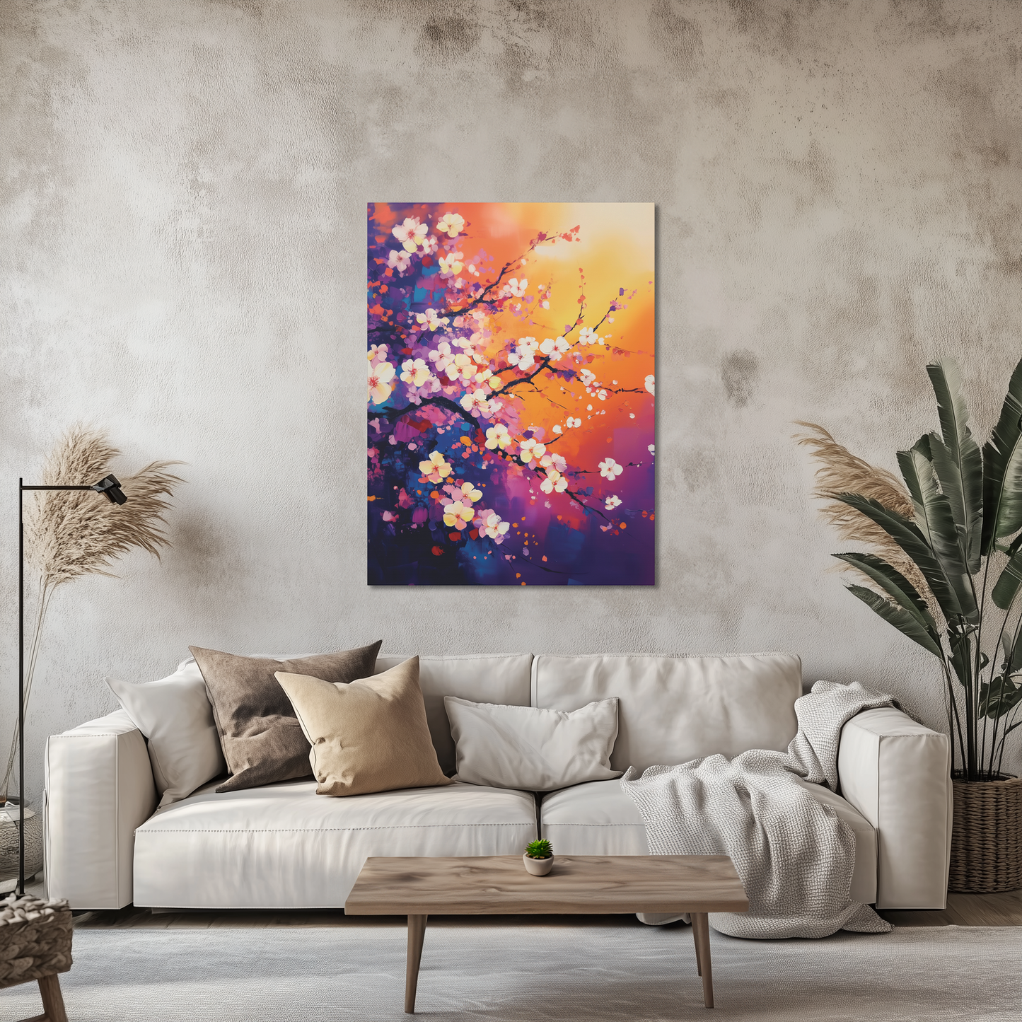 Cherry Blossom Impressionistic Painting Canvas Wall Art, Floral Wall Art for Living Room, Office Home Decor, Flower Artwork, Sunset Gradient