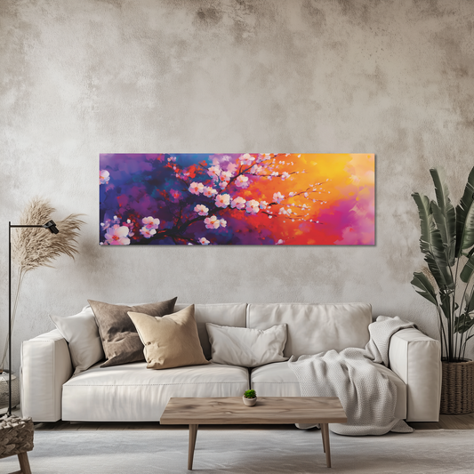 Cherry Blossom Panoramic Wall Art Canvas Print, Floral Sunset Painting, Sakura Flower Tree Colorful Canvas, Home Decor, Office Wall Art