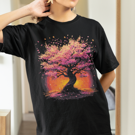 Cherry Blossom Tree T-Shirt, Japanese Floral Sunset Tee, Nature Lover Gift, Artistic Graphic Top, Sakura Flower Shirt, Japan Lover Shirt