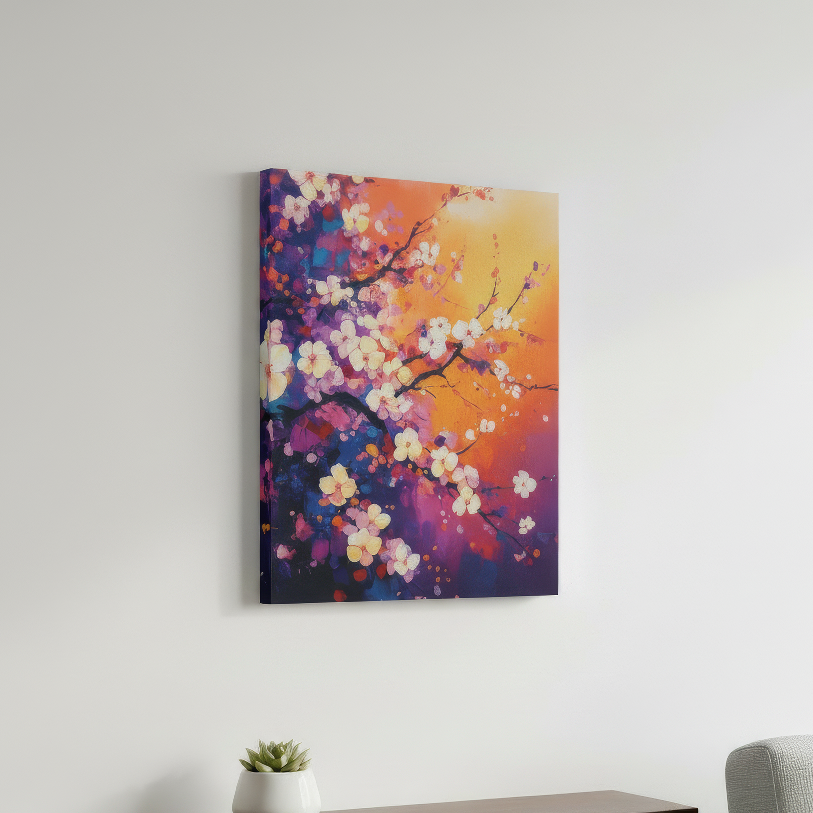 Colorful floral painting on a white wall above a wooden shelf with a plant and gray chair.