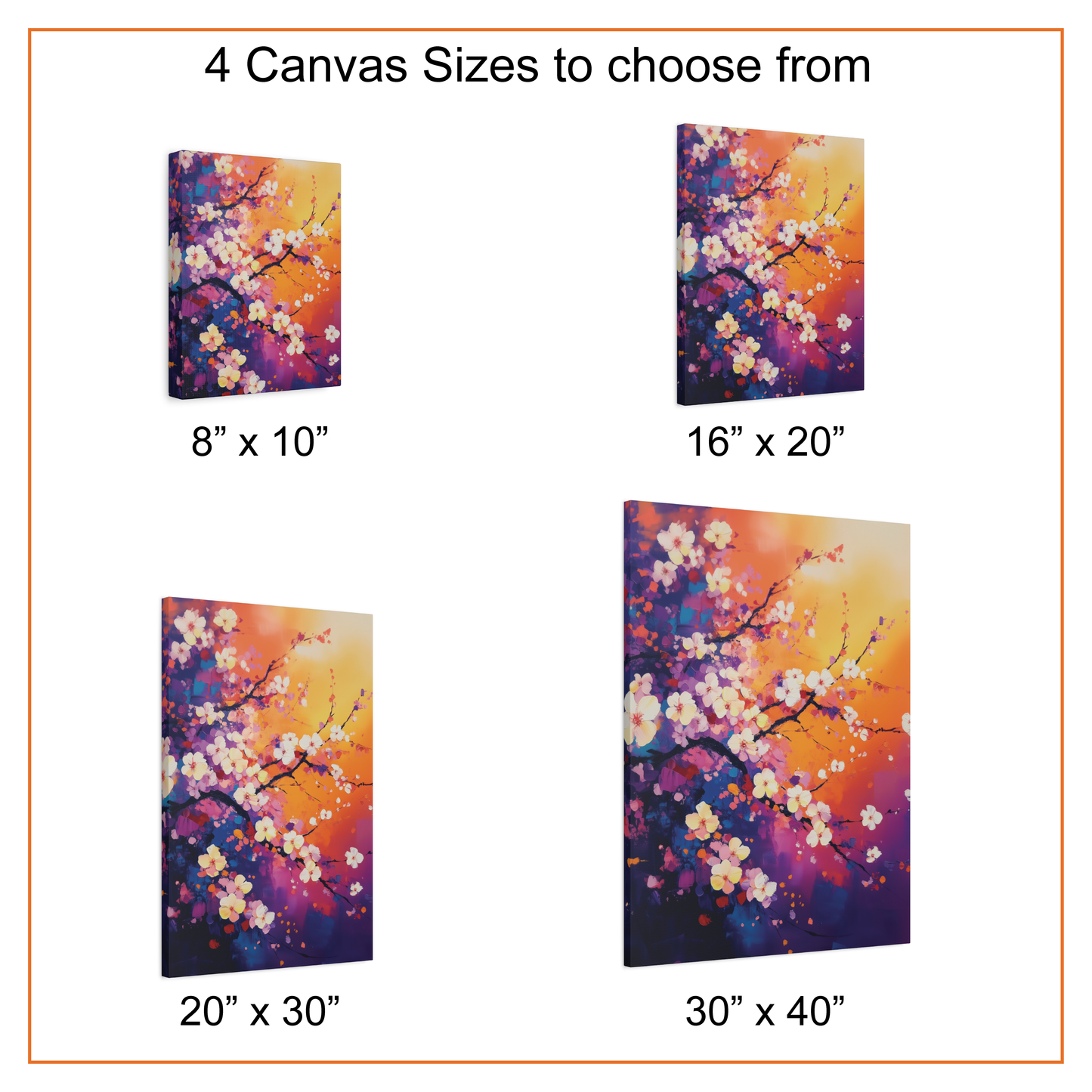 Canvas prints of cherry blossom art in various sizes with text indicating choices.
