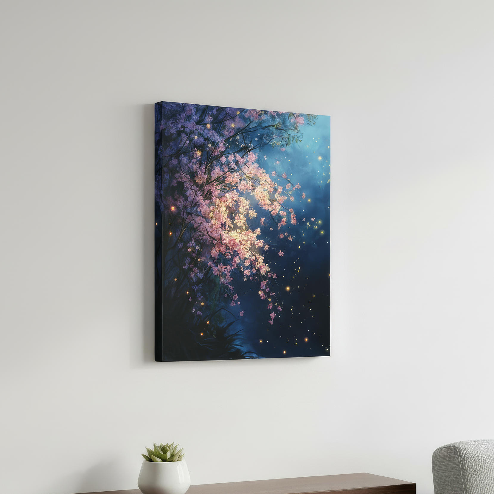 Colorful abstract painting on a white wall above a wooden shelf with a plant and a gray chair.