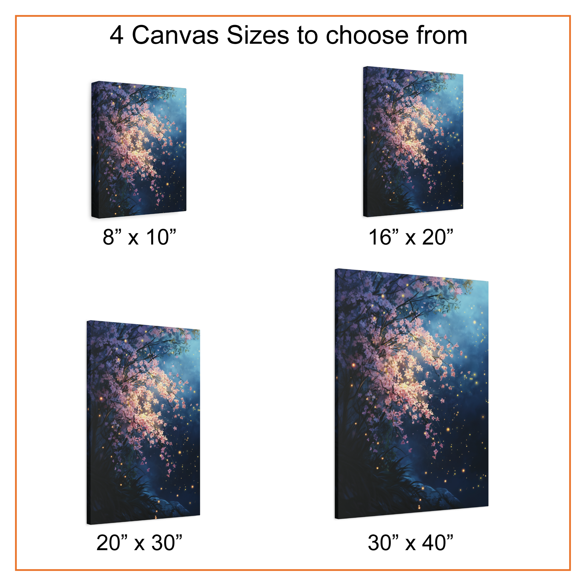 Four canvas sizes with a cosmic-themed design on a white background.