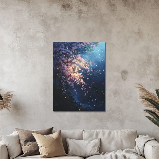 Cherry Blossom Night Scene Canvas Print, Magical Firefly Artwork, Ethereal Nature Wall Art, Sakura Flower Canvas Wall Art, Home Office Decor