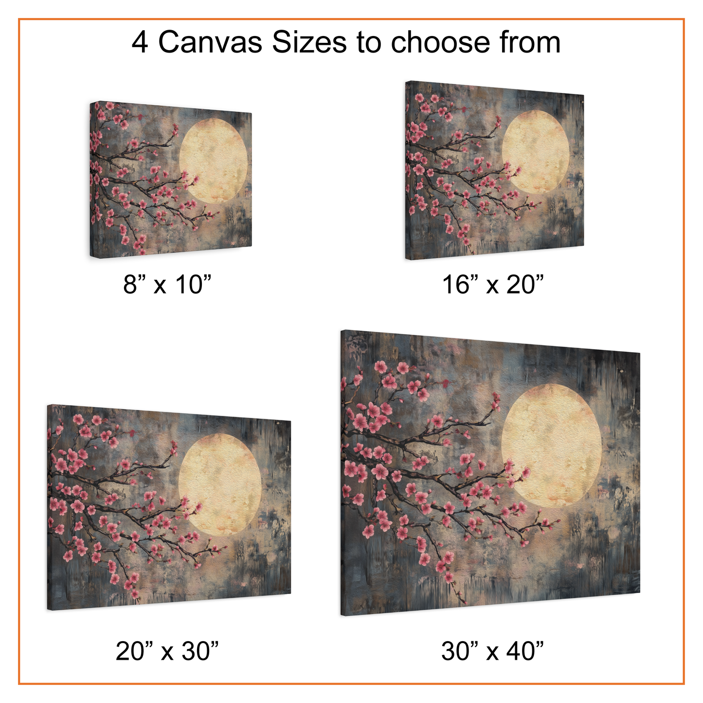 Canvas prints with cherry blossom and moon design in various sizes.